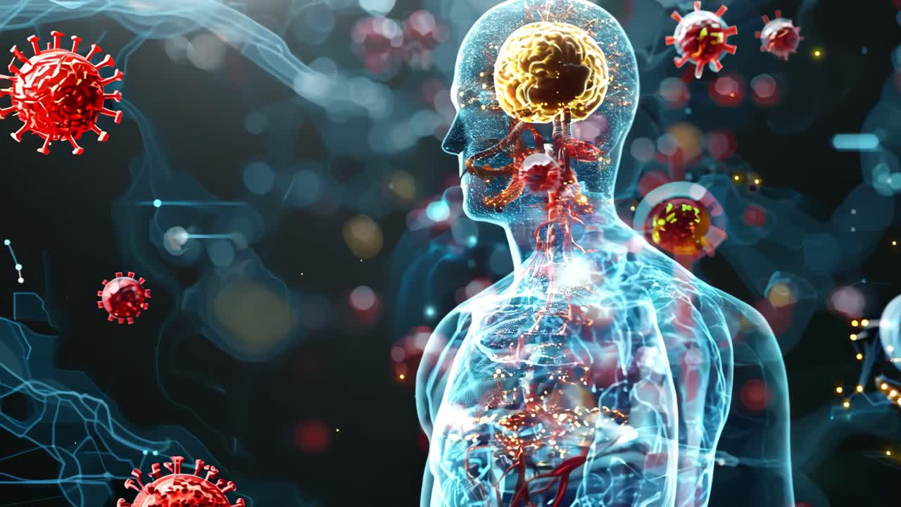 A man's skeleton is surrounded by red and blue spheres. The spheres are glowing and appear to be floating around the skeleton. Concept of mystery and intrigue