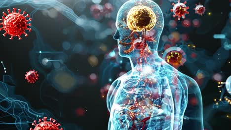 a man's skeleton is surrounded by red and blue spheres. the spheres are glowing and appear to be floating around the skeleton. concept of mystery and intrigue