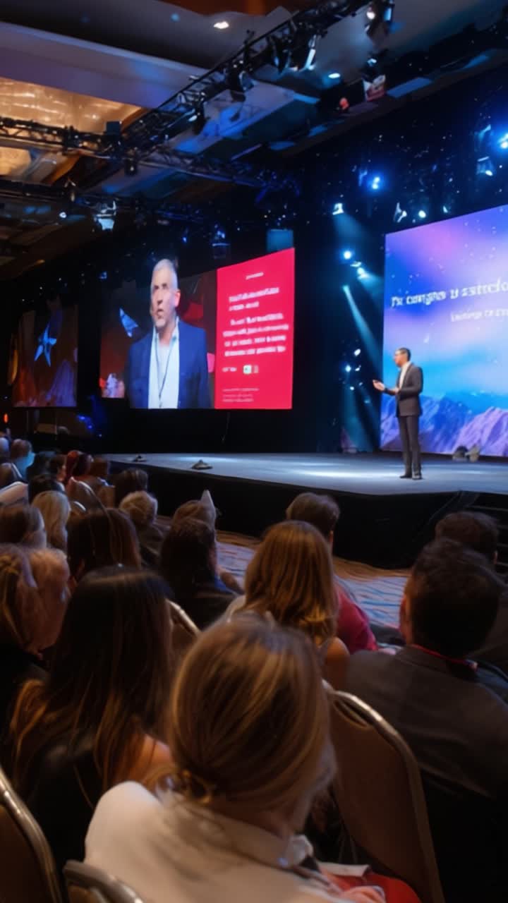 Oratore Dinamico Ispira il Pubblico alla Conferenza con una Presentazione Coinvolgente su Leadership e Innovazione in un Contesto Vivace e Professionale