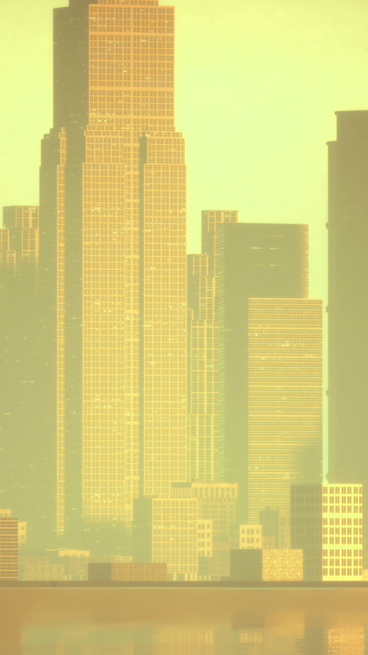 Skyline view of a vibrant city bathed in golden light at sunset near the water