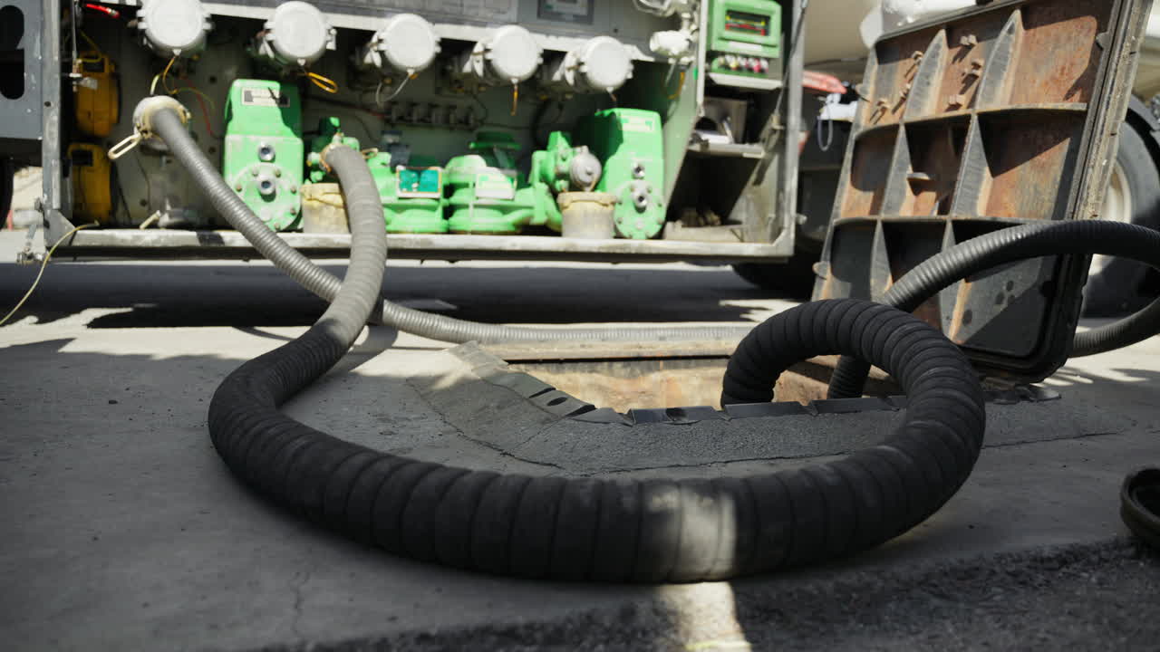 Pipes fill an underground fuel tank from a tanker during an oil crisis
