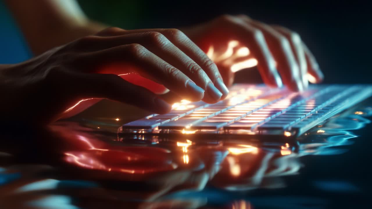 Illuminated Hands Typing on a Sleek Keyboard While Reflections Dance on a Shiny Surface: A Close-Up Exploration of Modern Technology and Creativity in Action