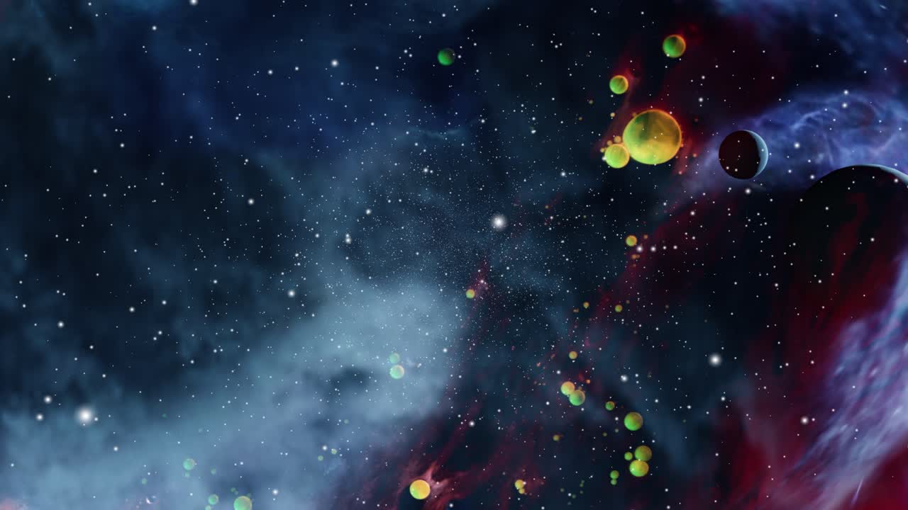 värikkäitä sumupilviä ja useita pieniä planeettoja liikkuen pimeässä avaruudessa