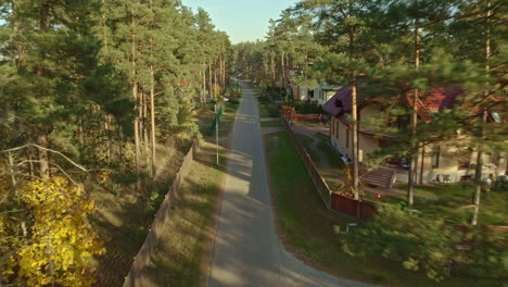 countryside road in the forest with modern homes - aerial flyover