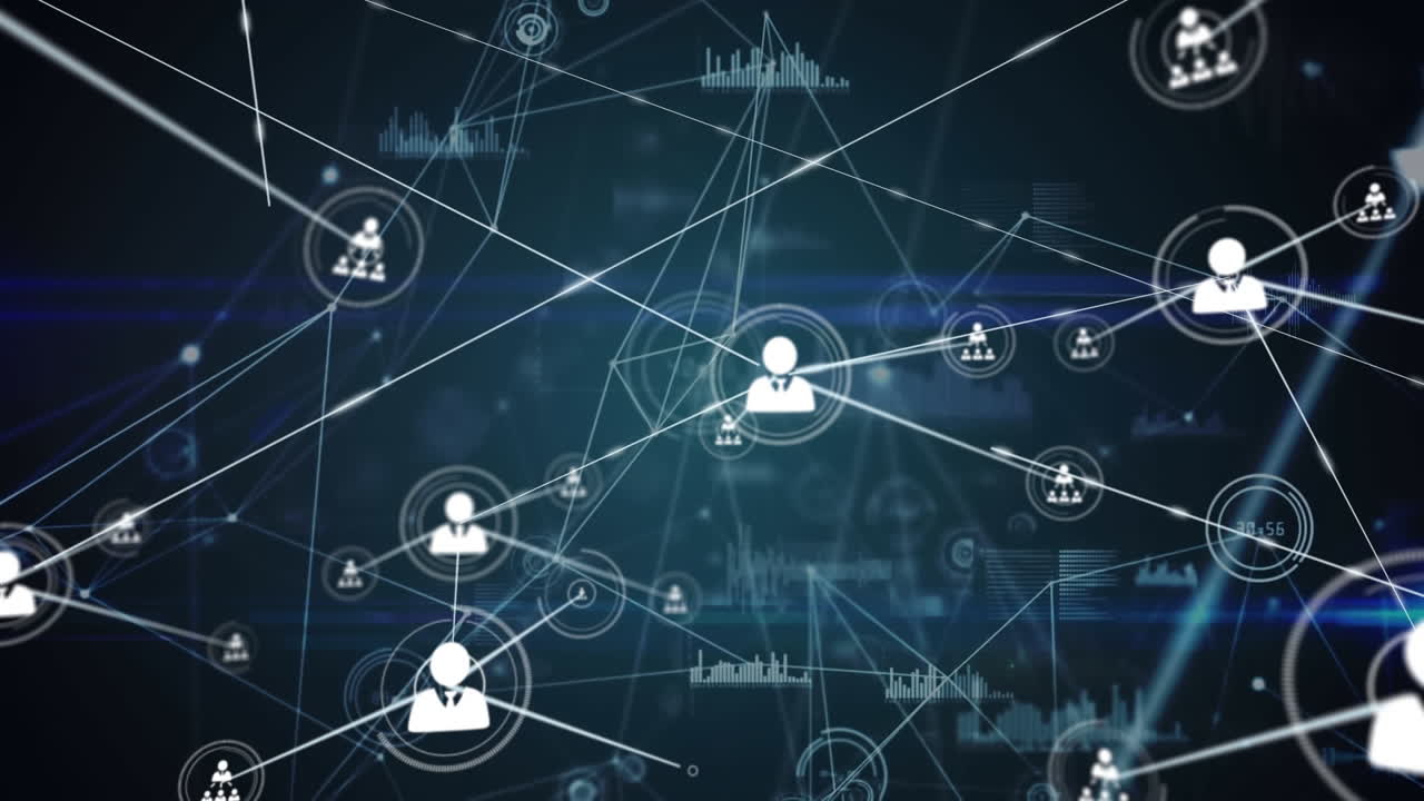 Animation of network of profile icons and data processing against light trails on blue background