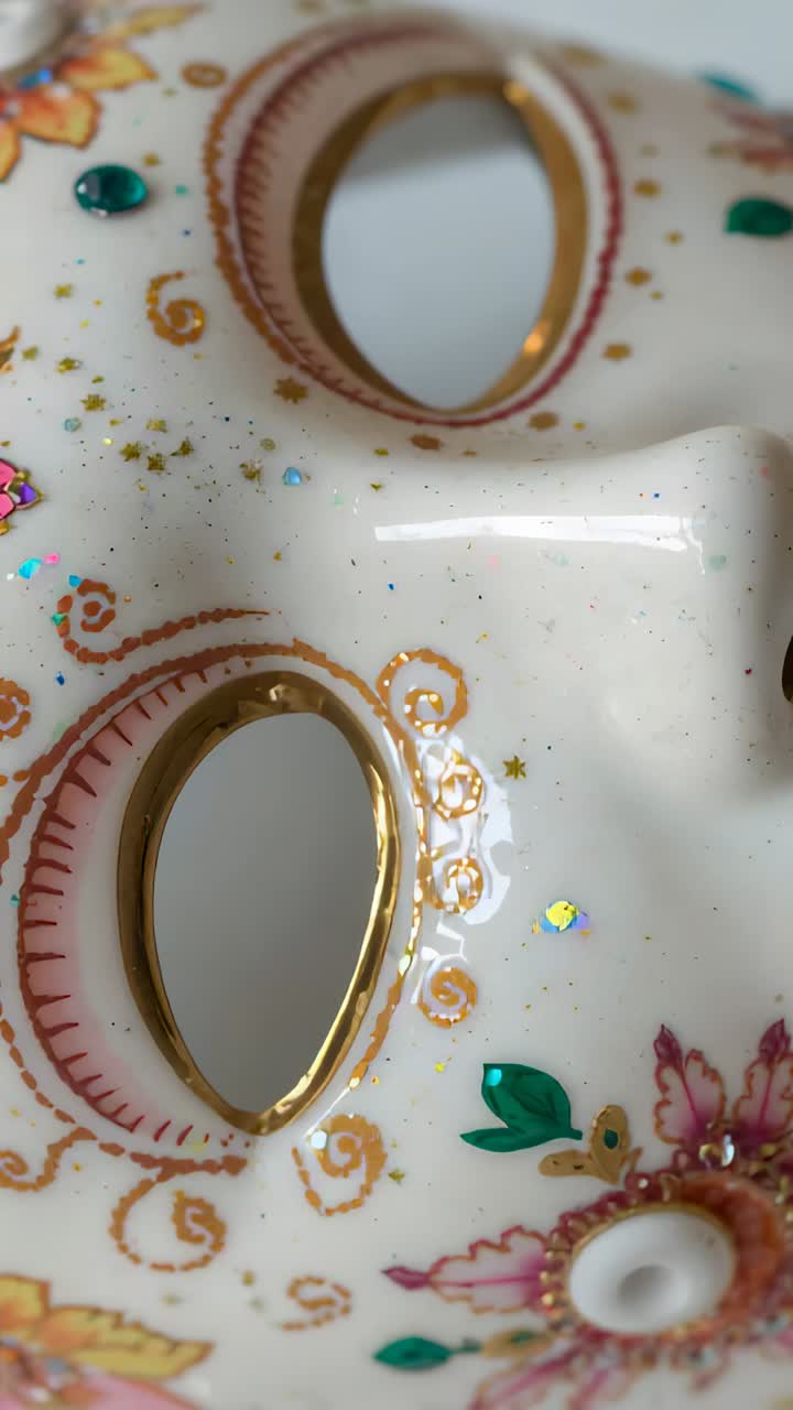 Vertical video: Camera sliding and tilting revealing ceramic mask on pale table, showing floral art