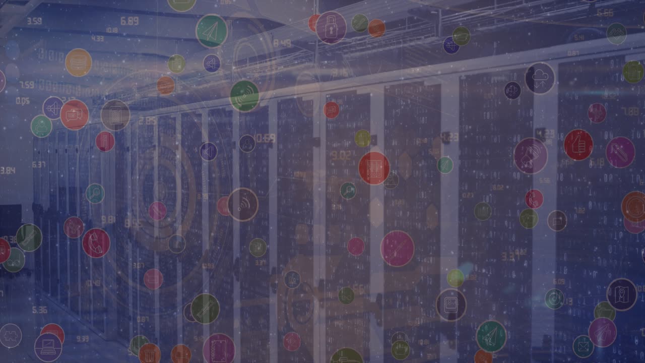 Animation of social media reaction and tech icons over servers