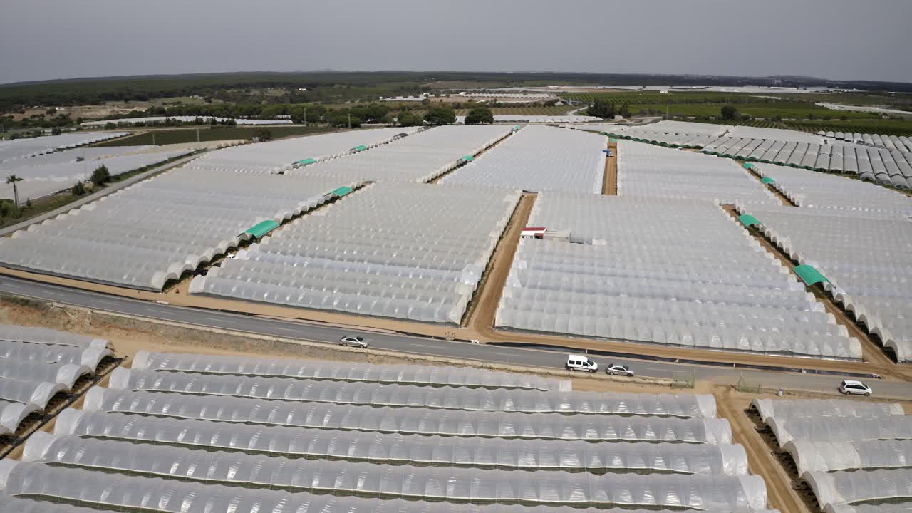 스페인의 대규모 온실 농장의 항공 영상