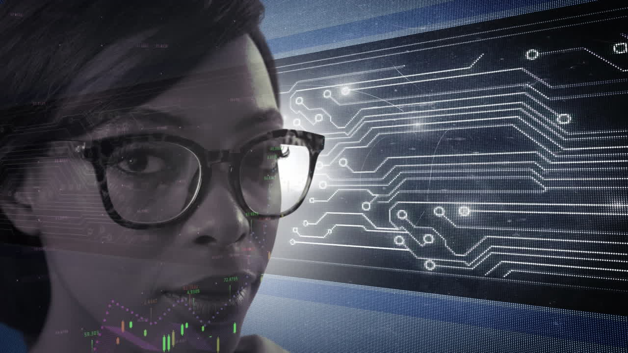 Animation of network of connections and data processing over woman looking at camera