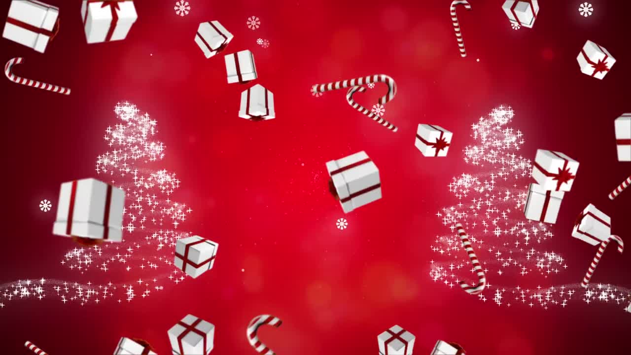 은 배경에 크리스마스 트리 위에 사탕 막대기와 눈으로 선물의 애니메이션