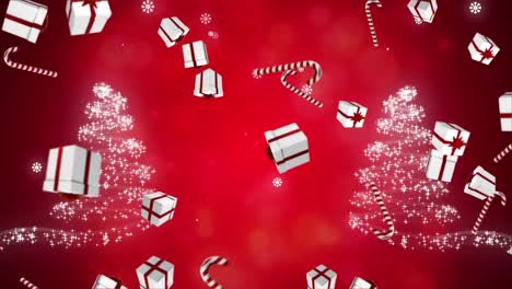 Animation-of-presents-with-candy-canes-and-snow-over-christmas-trees-on-red-backrgound