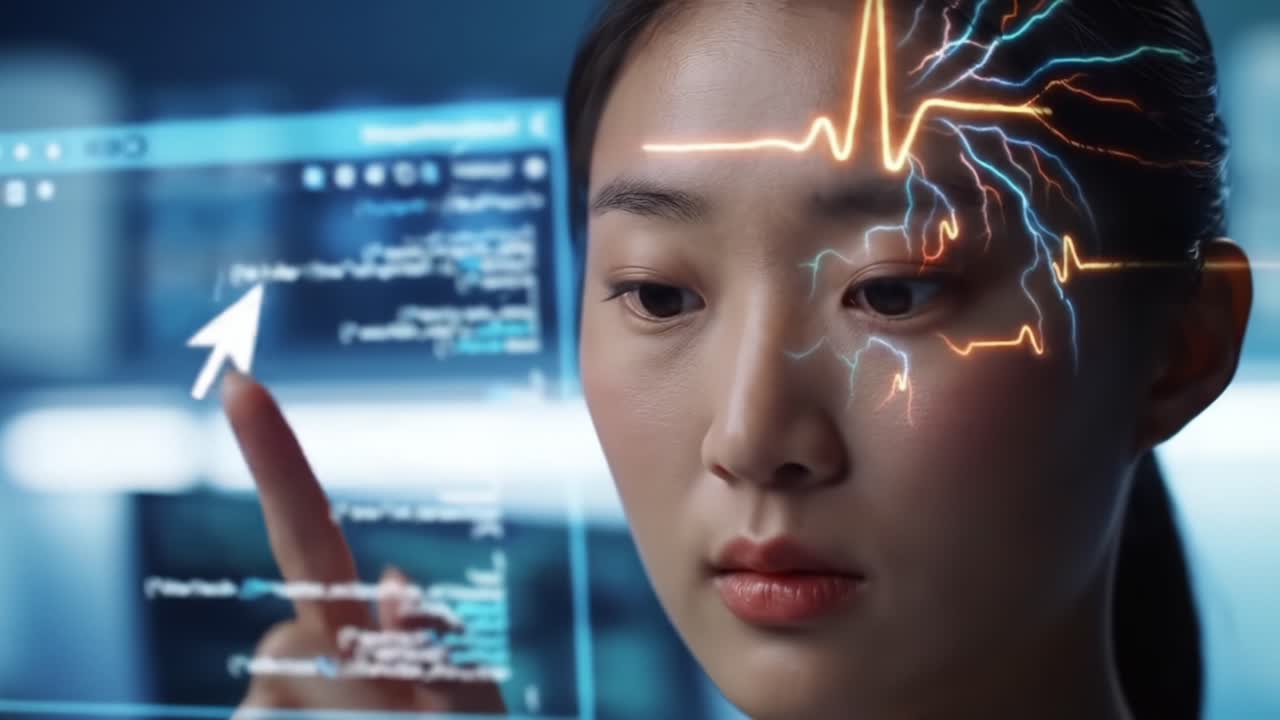 A Thoughtful Woman Engaged with Digital Technology, Monitoring Data and Health Indicators, Representing the Intersection of Emotion and Innovation in a Modern Environment