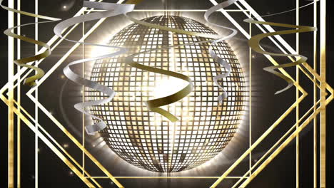 animation of gold and silver streamers with mirror ball on black background