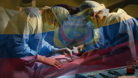 animation of flag of ecuador waving over surgeons in operating theatre