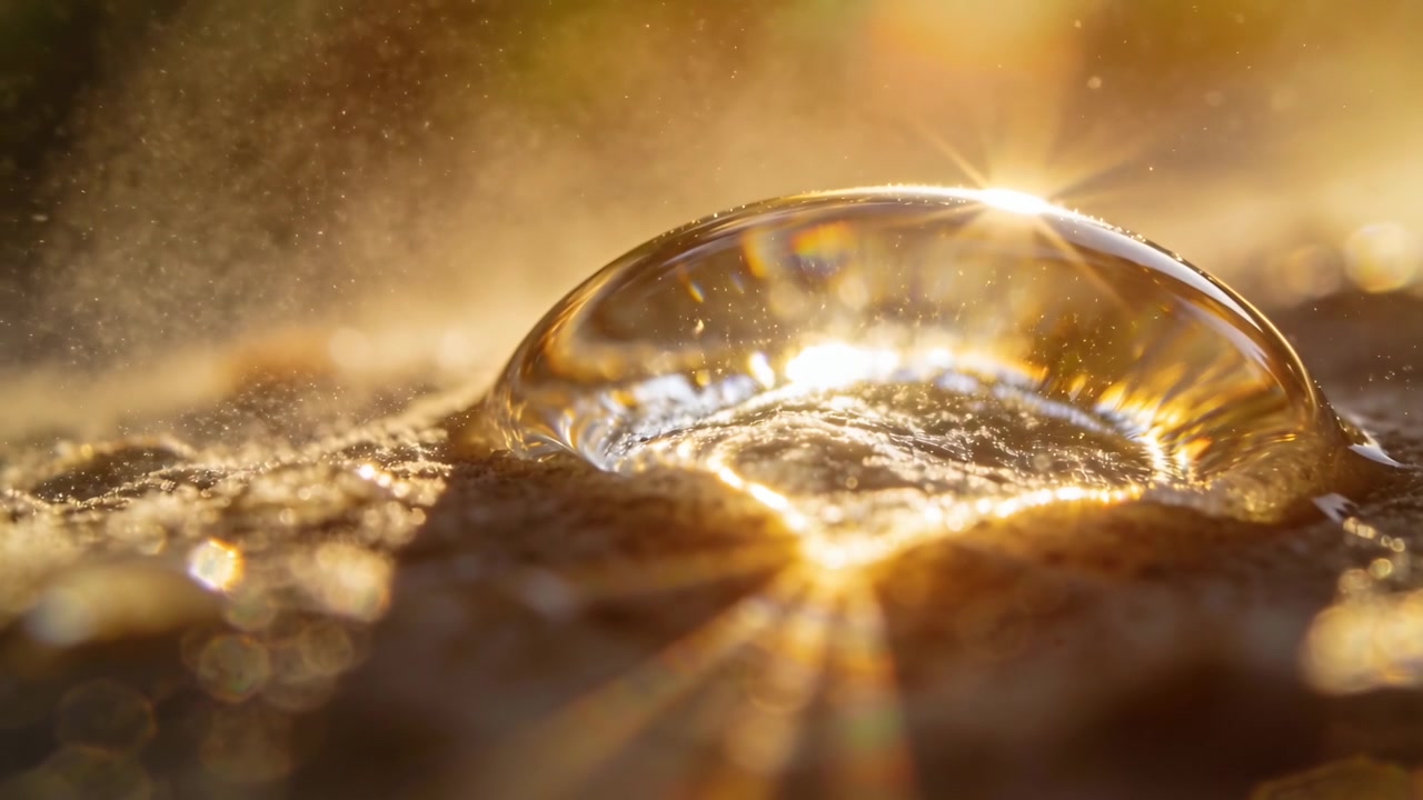 Glowing single clear water droplet refracting low sun starburst on coarse sand, particles drifting