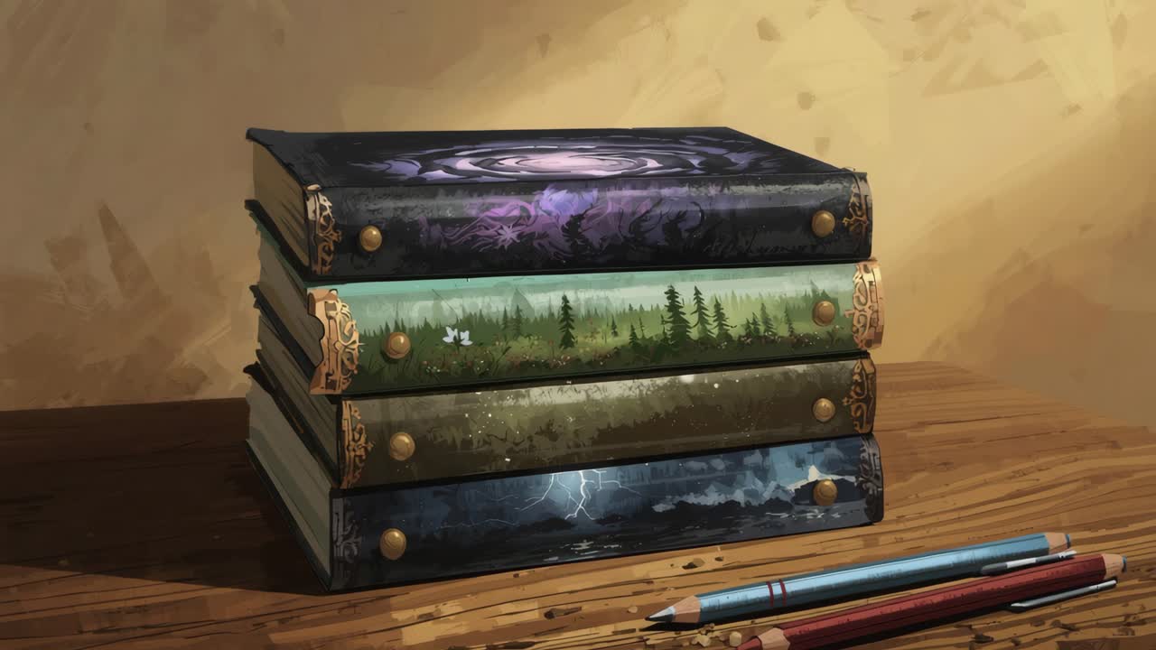 Stack of Books with Nature Scenes