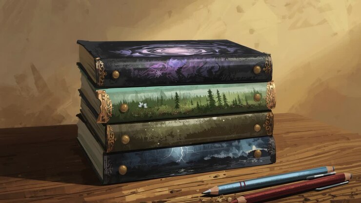 Pila di libri con scene naturali