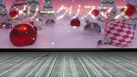 animation of asian christmas text over christmas decorations, winter landscape and wooden boards