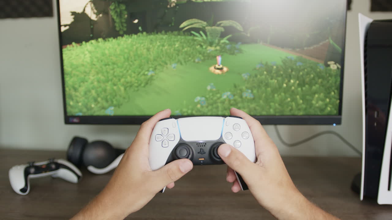 pojke som lägger ner sin ps5-kontroller efter att ha spelat på sin playstation 5 på eftermiddagen, pov medium