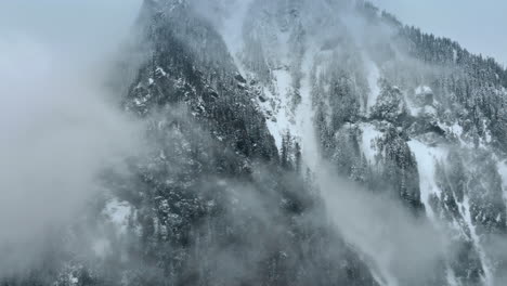 approaching the mountains with pine trees growing on. mist coating the rock in winter. mount rainer national park, washington state, the usa.