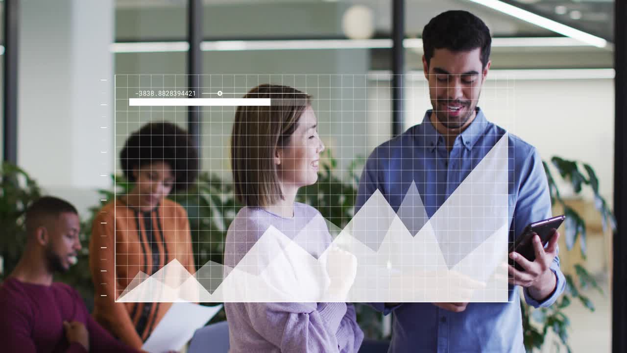 Man tapping phone and woman watching, showing chart overlay for business review while team reading