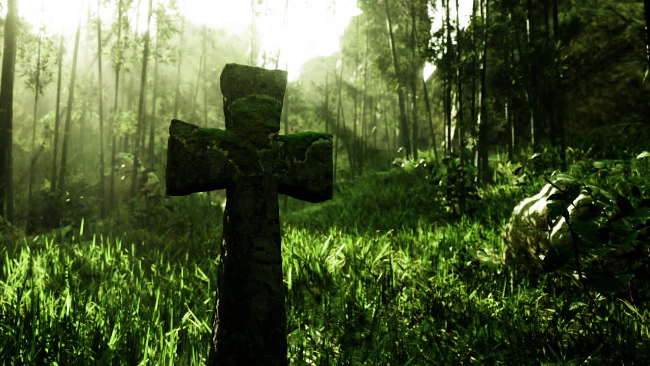 Moss covered cross amongst lush greenery in a serene forest setting