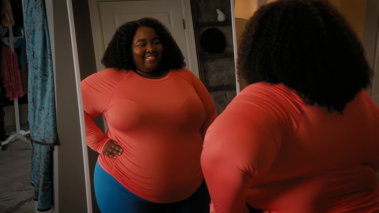 Confident Plus-Size Woman in Activewear Looking in Mirror