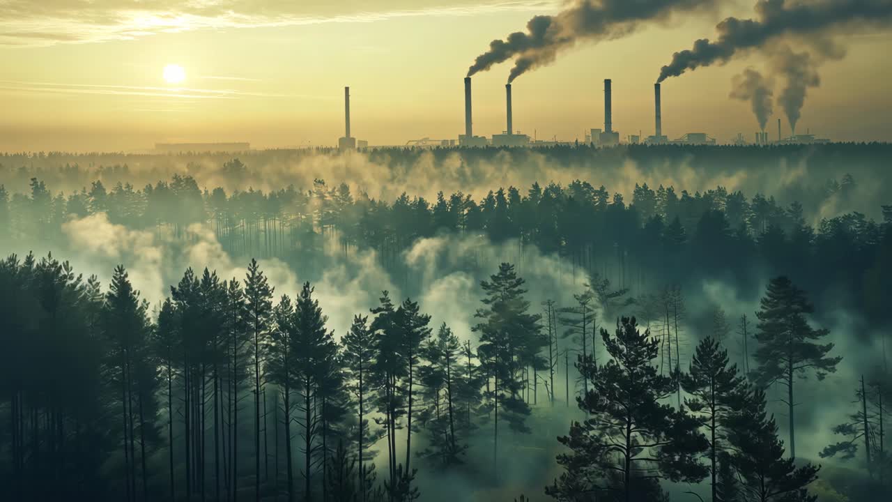 Industrial pollution over a forest at sunset