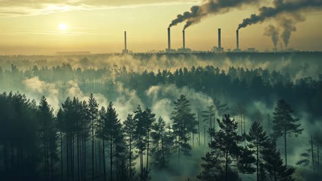 industrial pollution over a forest at sunset