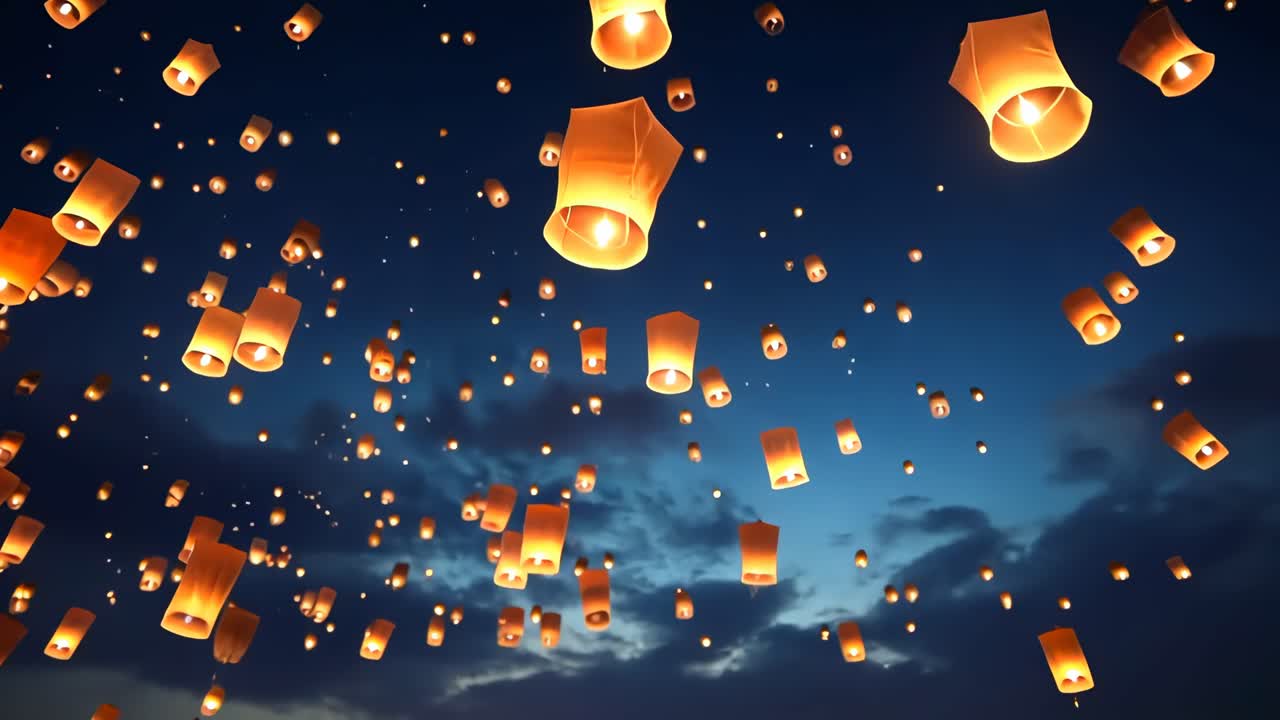 A mesmerizing video captures floating lanterns against a twilight sky, shot from a low angle