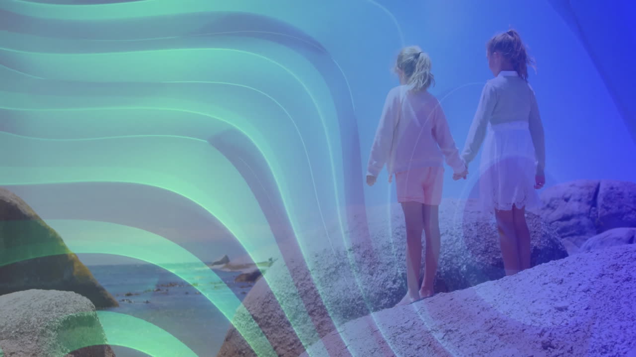 Two children holding hands on rocks with colorful wave animation overlay