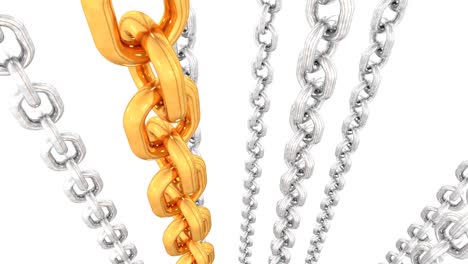 abstract shiny metal chains rising with golden chain in front - 4k seamless loop motion background animation