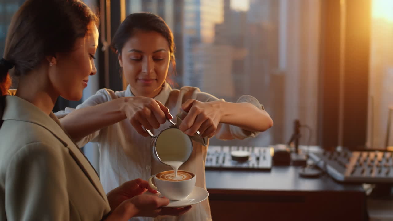 A barista pours latte art into a coffee cup for a customer in a cafe with a city view at sunset
