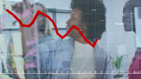 animation of data processing and diagrams over diverse colleagues talking in office