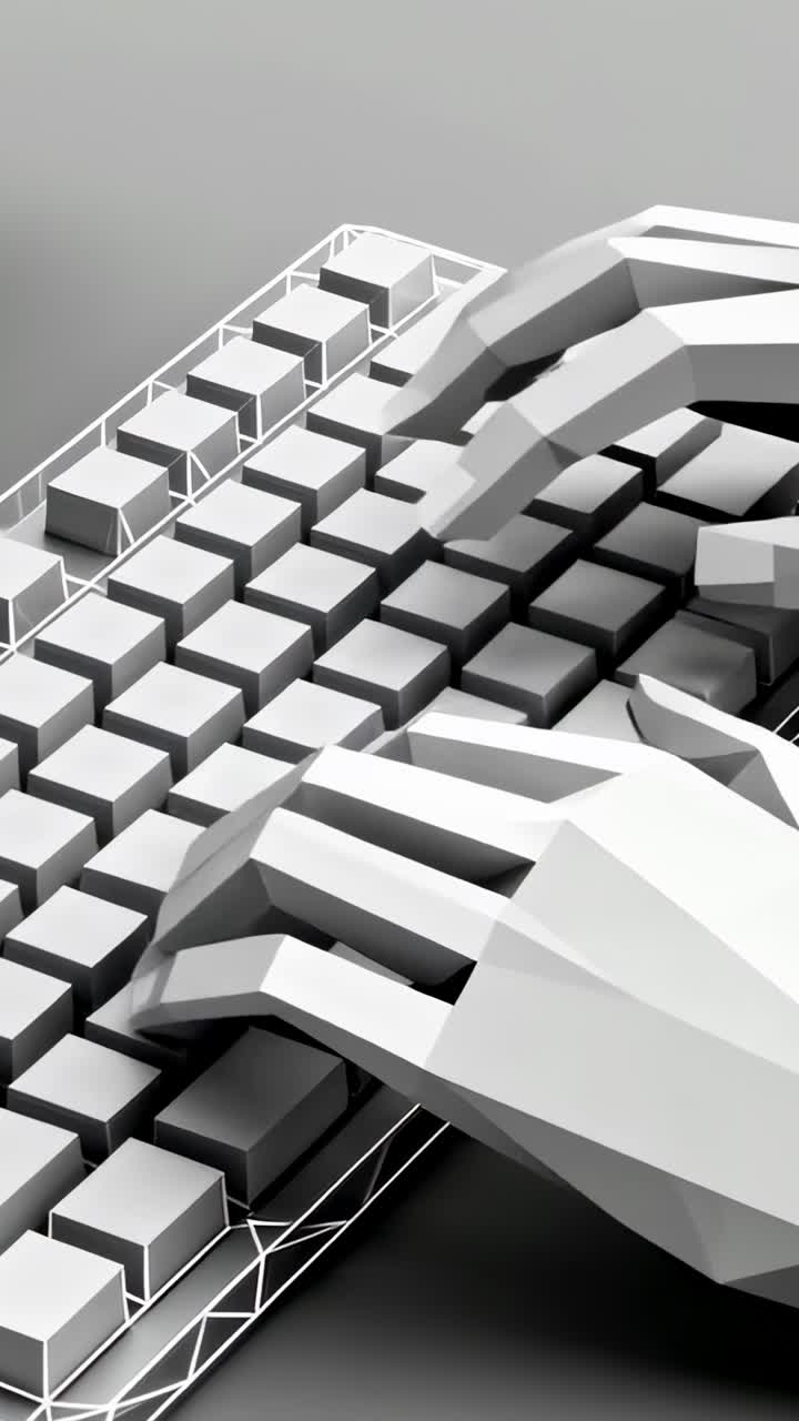 Vertical video: Receiving start signal low-poly hands typing on blocky keys in gray set to type
