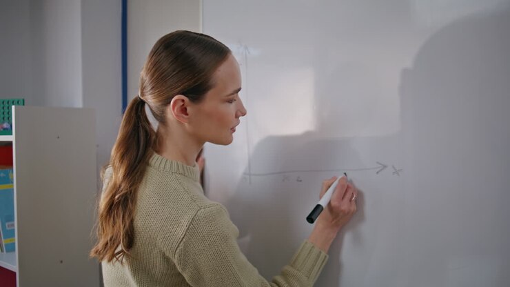 Gros plan di una donna che insegna matematica usando la lavagna alla lavagna a scuola. Donna che disegna