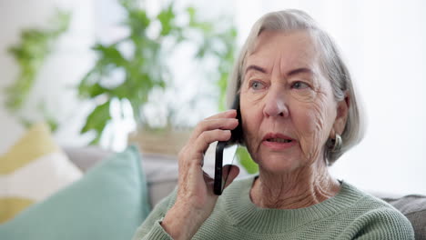 phone call, smile and senior woman on sofa