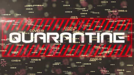 animation of falling multiple covid 19 text over quarantine text on black background