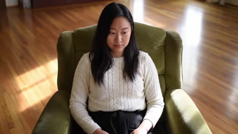 a young woman contemplating in a cozy setting: moments of reflection in a comfortable armchair with warm lighting