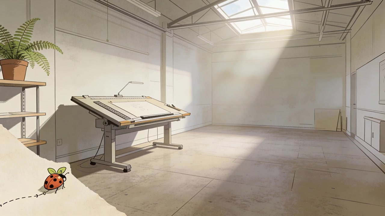 Luce del sole che si muove attraverso il lucernario di un loft, illuminando un tavolo da disegno e una coccinella