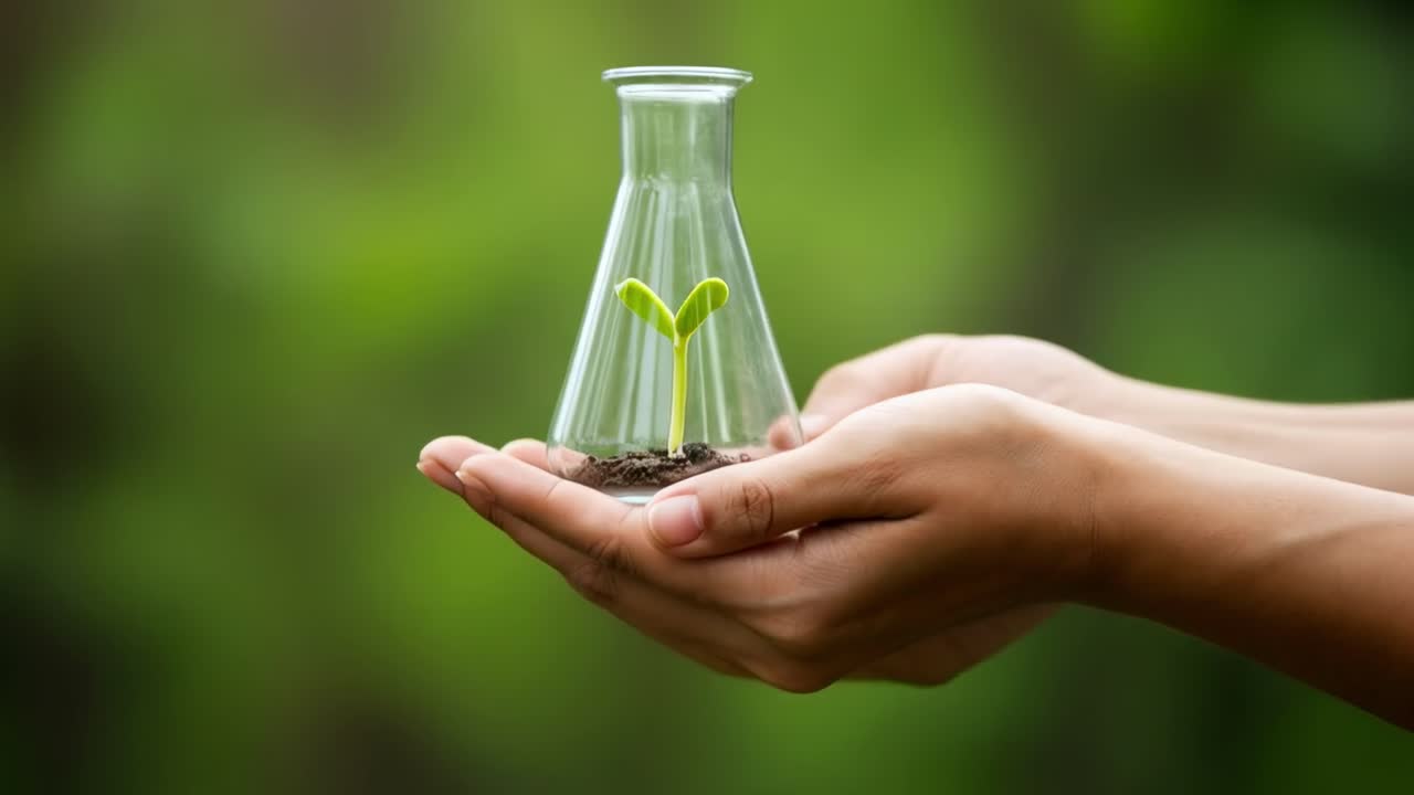 Celebrating the beauty of nature and development, hands gently nurture a sprouting plant contained within a clear glass vessel
