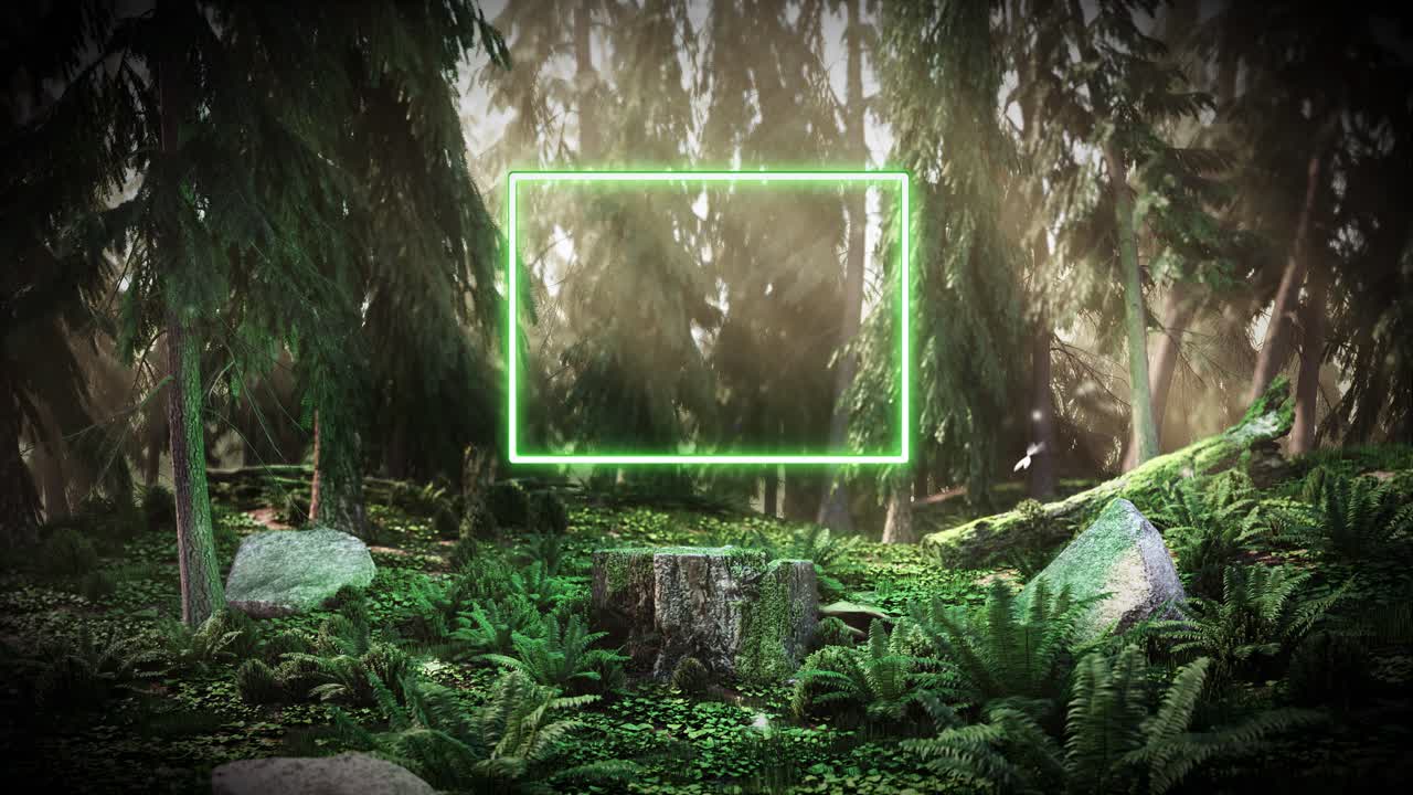 Dawn in the forest with a neon rectangle