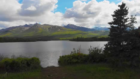 4K-Drone-Video-of-Mountains-around-Otto-Lake-near-Healy,-Alaska-on-Sunny-Summer-Day