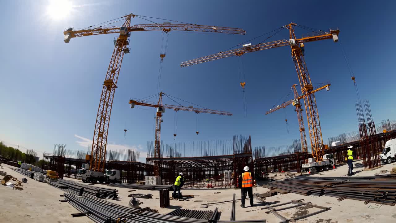 Wide-angle shot of a construction site with towering cranes and workers