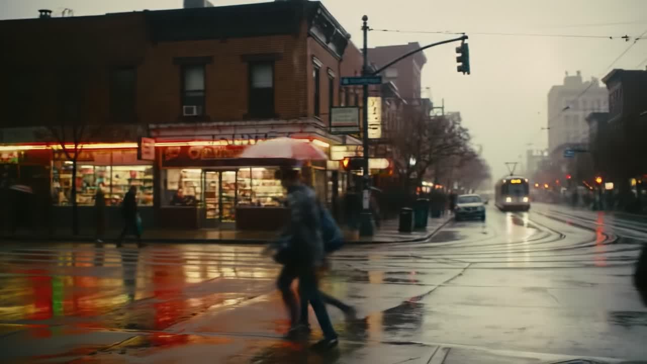 Numerous individuals navigate a wet street while holding umbrellas as evening descends. Storefronts glow warmly against the darkening sky, reflecting in puddles on the pavement.