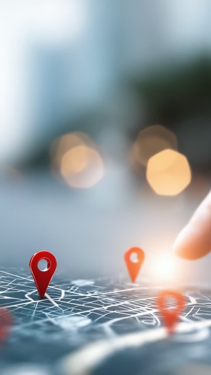 Exploring Digital Navigation: A Close-Up of a Finger Interacting with a Map Display Highlighted by Red Location Pins in an Urban Setting