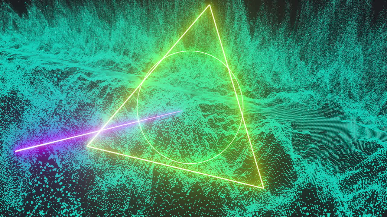 검은색 배경의 초록색 파도에 움직이는 네온 모양의 애니메이션