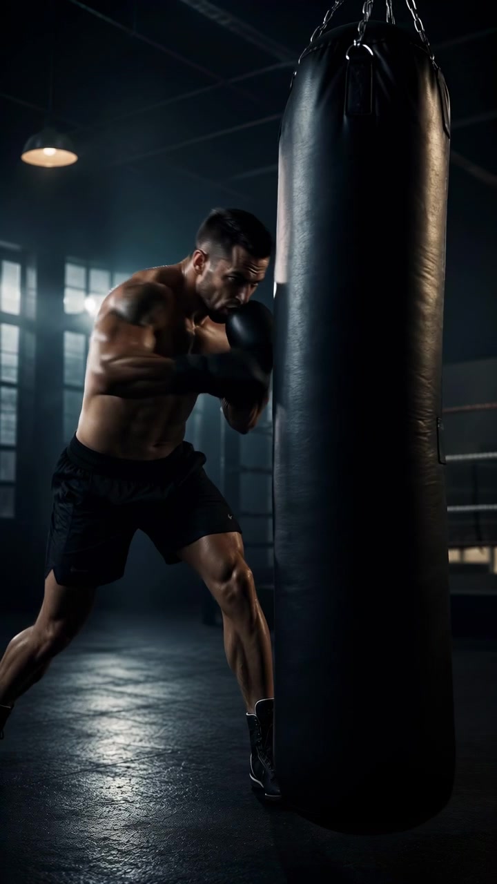 Shirtless Boxer Hitting Heavy Bag In Dim Industrial Gym, Muscular Male Athlete Trains With Focused Intensity