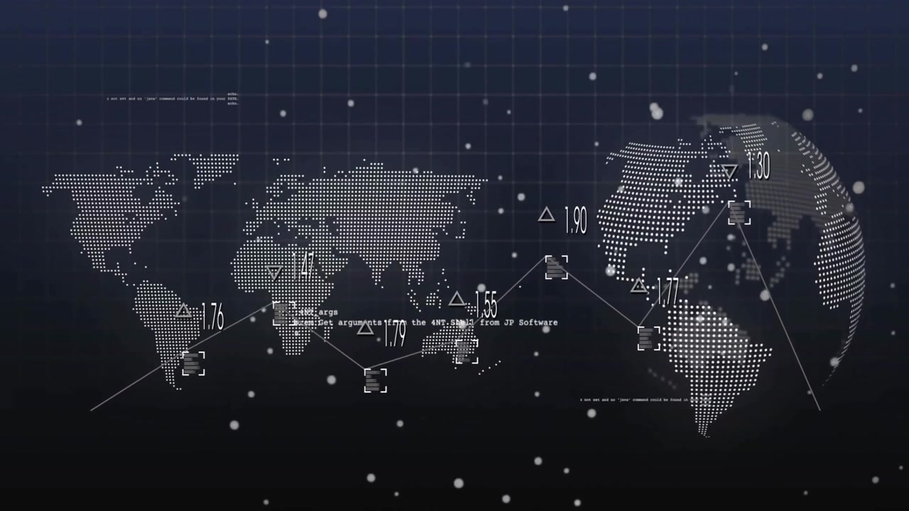 Particles initiating dotted map updating metrics showing code while globe rotating showing data