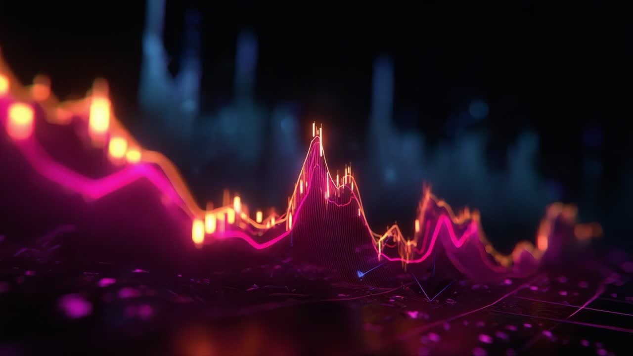 Vibrant, glowing financial chart rises sharply with fiery pink and orange hues. Abstract data lines pulse against dark, futuristic background. Perfect for finance, tech, or startup presentations